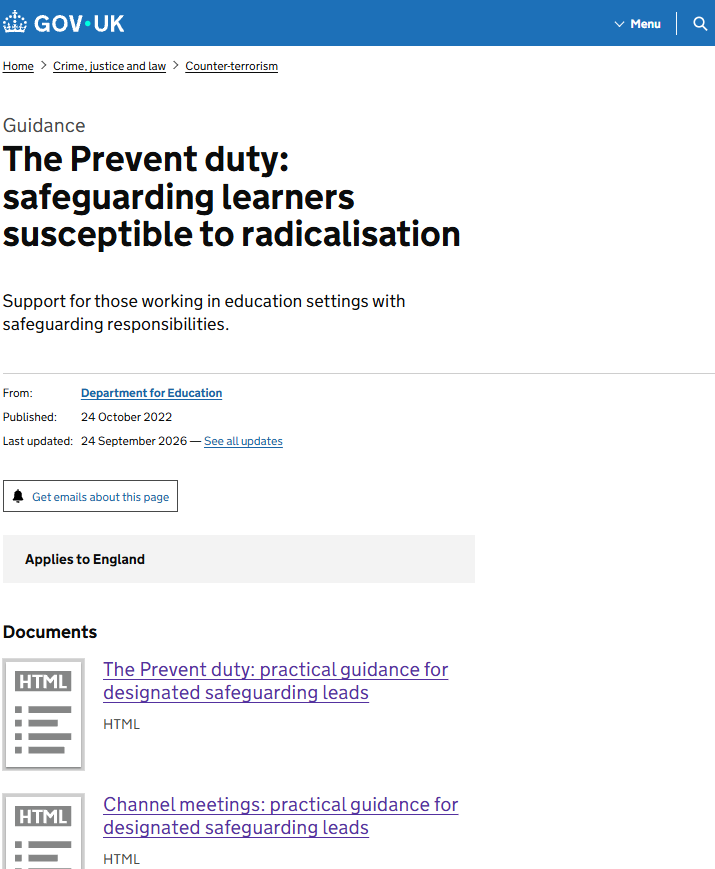 The Prevent duty: safeguarding learners susceptible to radicalisation - Updated guidance