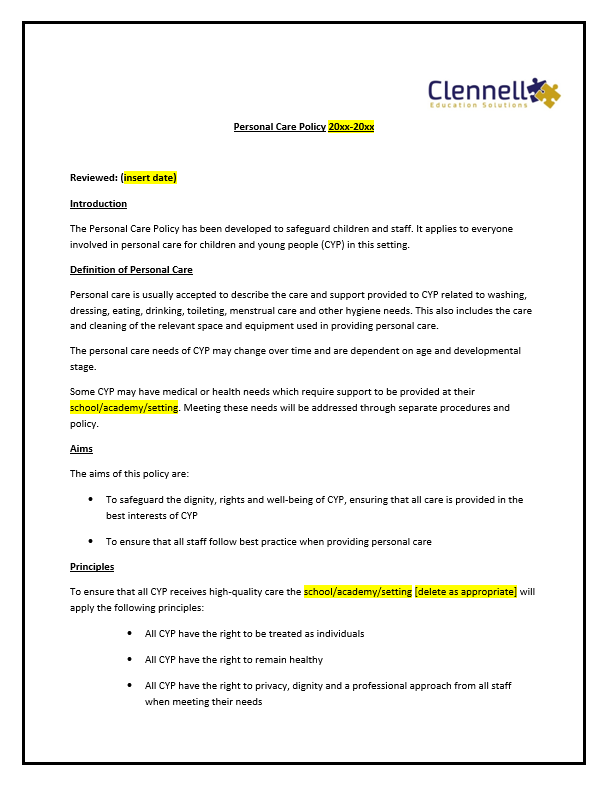 Personal Care Policy Template